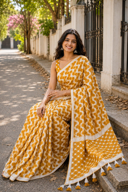 Mustard Printed Saree With Blouse Piece