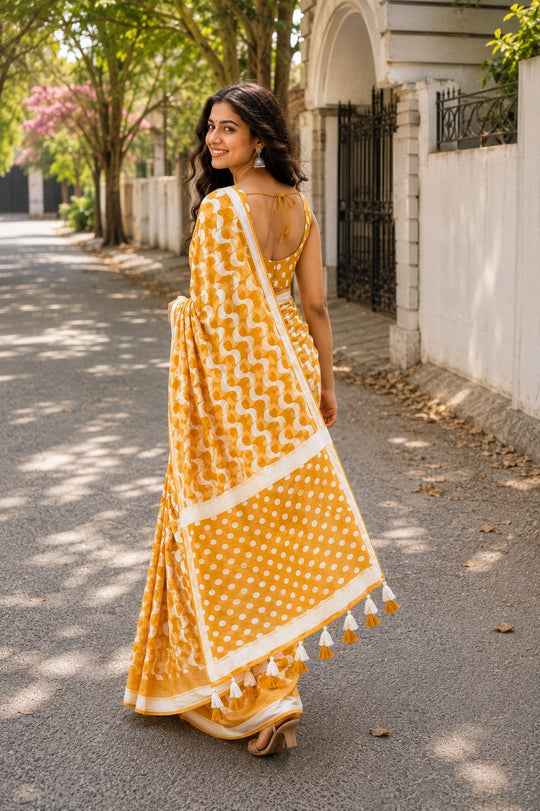 Mustard Printed Saree With Blouse Piece