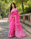 Pink Printed Saree With Blouse Piece