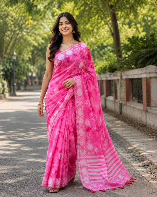 Pink Printed Saree With Blouse Piece
