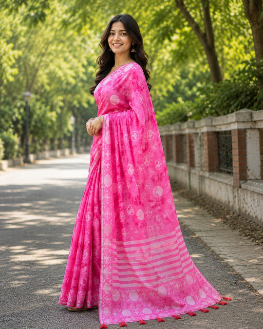 Pink Printed Saree With Blouse Piece