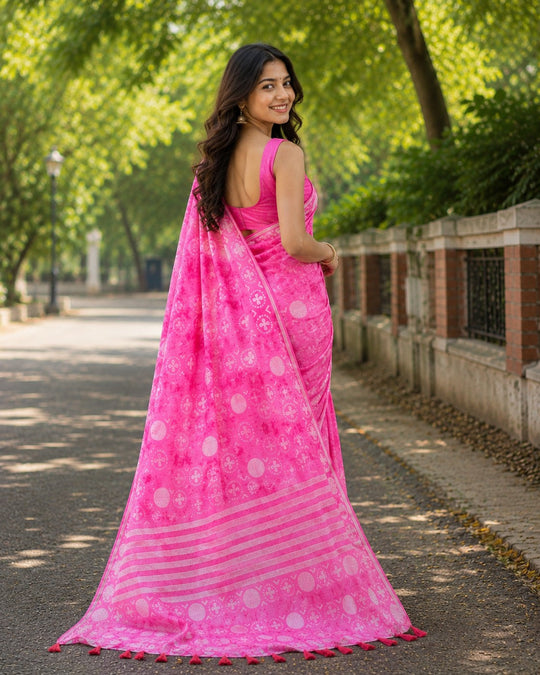 Pink Printed Saree With Blouse Piece