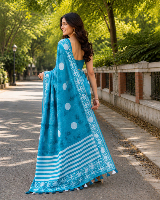 Sky Blue Printed Saree With Blouse Piece