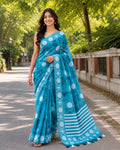 Sky Blue Printed Saree With Blouse Piece