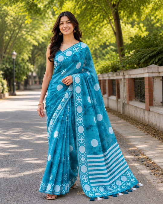 Sky Blue Printed Saree With Blouse Piece