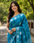 Sky Blue Printed Saree With Blouse Piece
