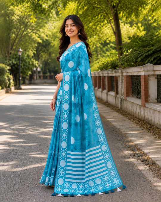 Sky Blue Printed Saree With Blouse Piece