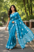 Sky Blue Printed Saree With Blouse Piece