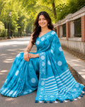 Sky Blue Printed Saree With Blouse Piece
