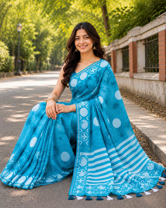 Sky Blue Printed Saree With Blouse Piece