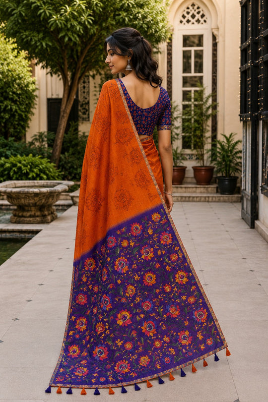 Orange Printed Saree With Blouse Piece