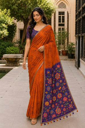 Orange Printed Saree With Blouse Piece