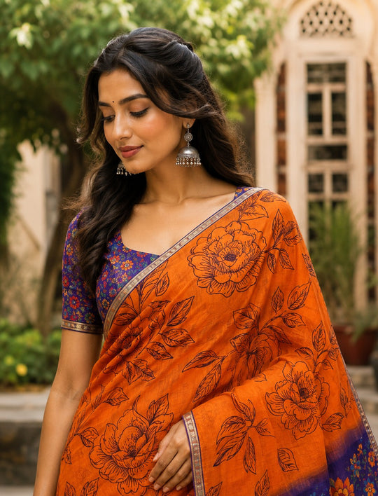 Orange Printed Saree With Blouse Piece
