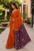 Orange Printed Saree With Blouse Piece