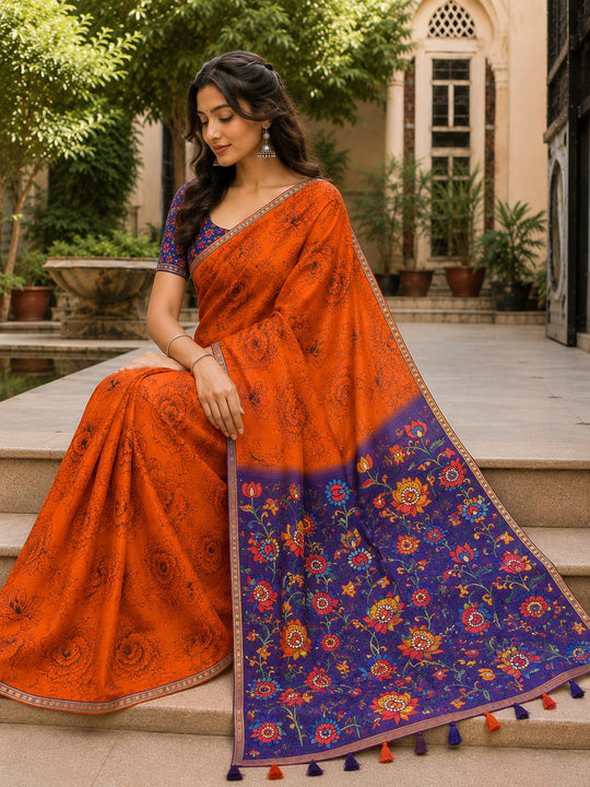 Orange Printed Saree With Blouse Piece