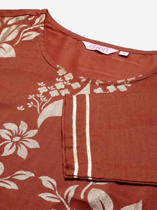 Floral Printed Round Neck Three-Quarter Sleeves Kurti with Sharara & With Dupatta
