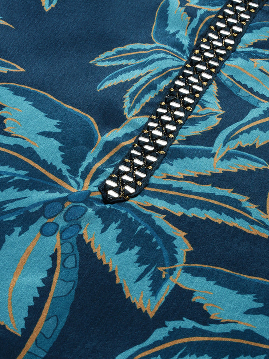 Navy Blue Floral Printed Beads And Stones Straight Kurta With Trousers & Dupatta