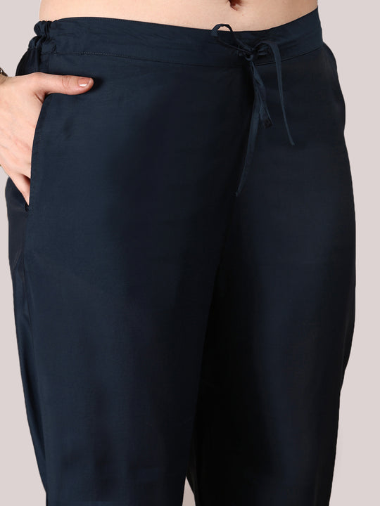 Navy Blue Kimono Sleeve Asymmetric Kaftan Kurti with Trousers