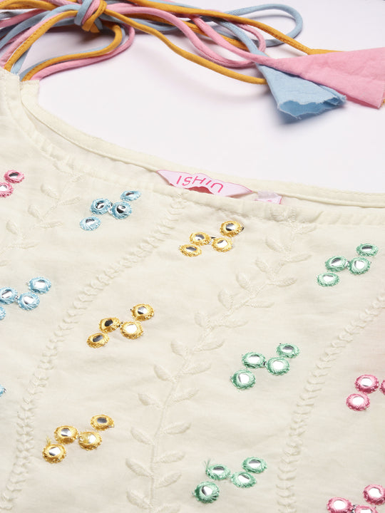 Off White Floral Embroidered Mirror Work Cotton Straight Kurta With Trousers & Dupatta