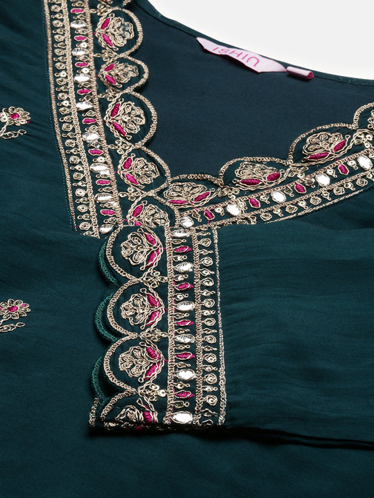 Green Embroidered Regular Sequinned Straight Kurta With Trousers & Duppatta