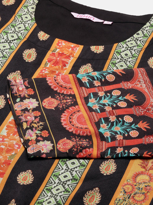 Black Floral Printed Regular Straight Kurta With Trousers & Dupatta