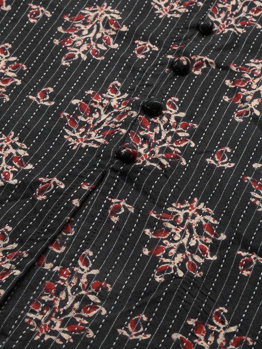 Floral Printed Regular V-Neck Pure Cotton Kurta with Trousers