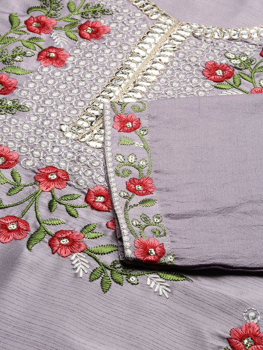 Floral Embroidered Thread Work Silk Chiffon Straight Kurta with Trousers & Dupatta