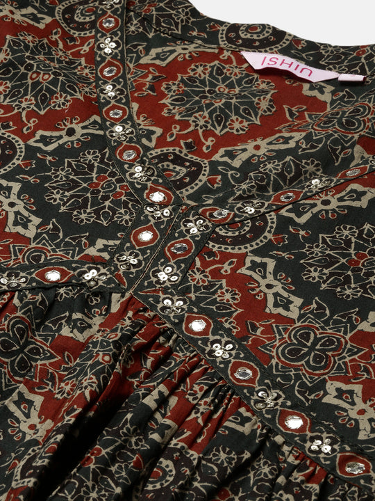 Floral Printed V-Neck Three-Quarter Sleeves Angrakha Pure Cotton Kurta Set