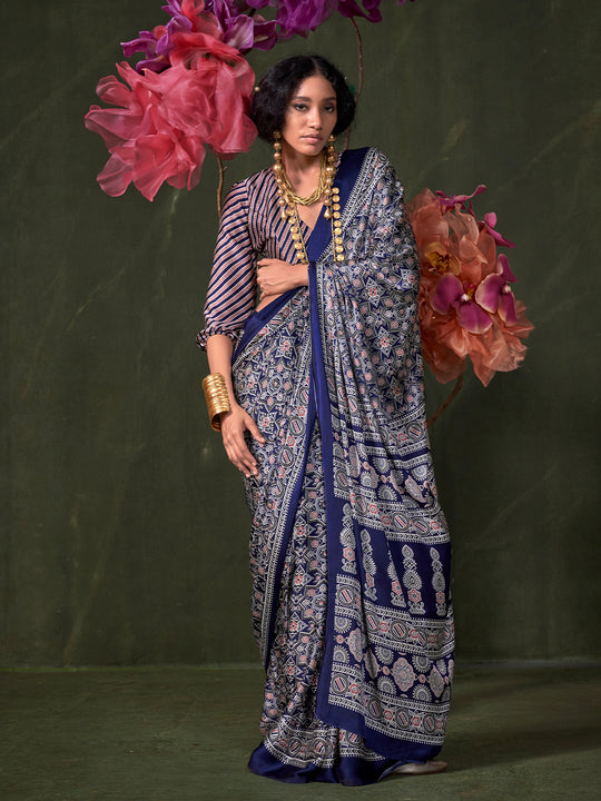 Blue Printed Ajarakh - Satin Crepe Saree With Blouse Piece