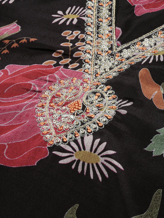 Floral Printed V-Neck Three-Quarter Sleeves Kurta with Trousers & With Dupatta