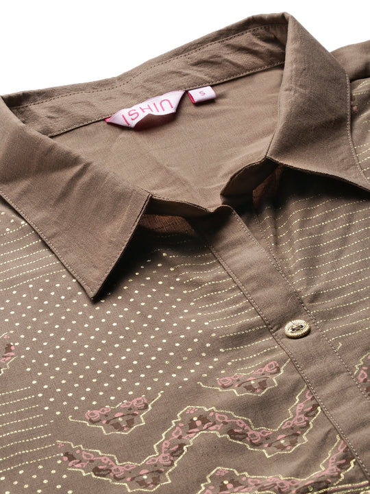 Floral Printed Regular Three-Quarter Sleeves Shirt Collar Kurta with Trousers