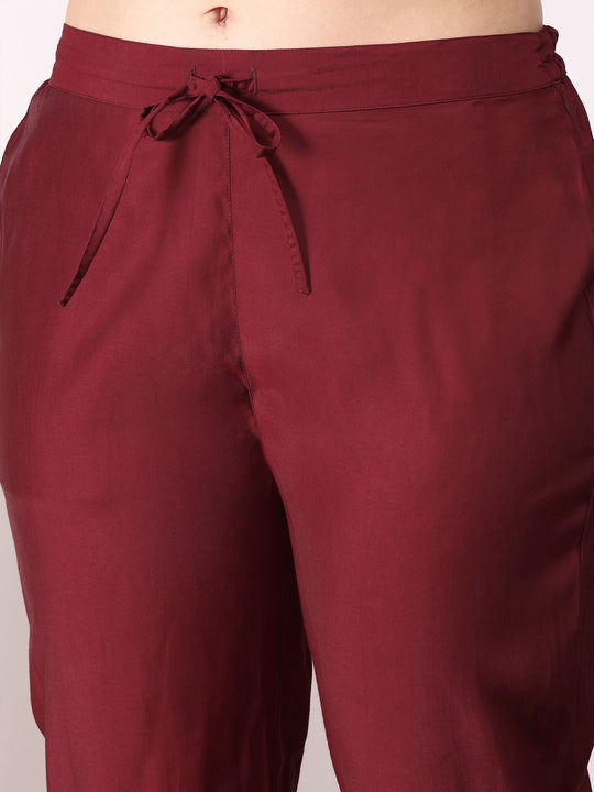 Maroon Kimono Sleeve Asymmetric Kaftan Kurti with Trousers