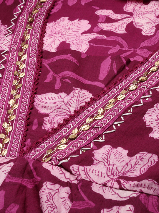 Cotton Embellished Floral Printed A-line Kurta With Trouser & Dupatta