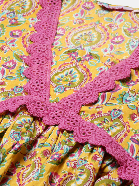 Floral Printed V-Neck Empire Pure Cotton Kurta with Trousers