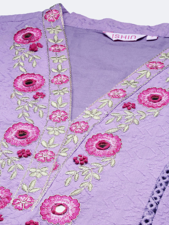 Purple Floral Embroidered Schiffli Pure Cotton Kurta With Trousers & Dupatta