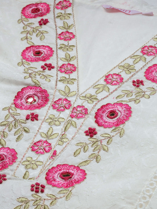 Floral Threadwork Embellished Cotton Kurta with Pants and Dupatta