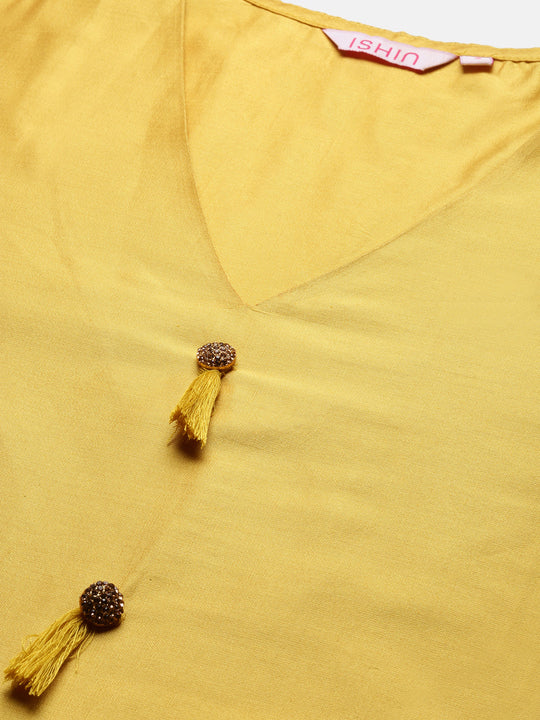 Solid V-Neck Three-Quarter Sleeves Kurta with Trousers & With Dupatta