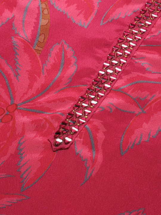 Floral Printed Round Neck Mirror Work Straight Kurta with Trousers & Dupatta