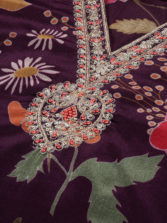 Floral Printed V-Neck Three-Quarter Sleeves Kurta with Trousers & With Dupatta