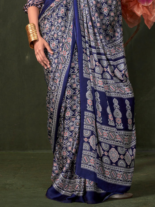 Blue Printed Ajarakh - Satin Crepe Saree With Blouse Piece