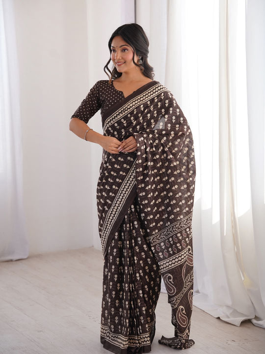 Soft Pure Cotton Hand Bagru Print Sarees With Blouse Pice