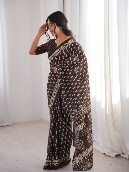 Soft Pure Cotton Hand Bagru Print Sarees With Blouse Pice