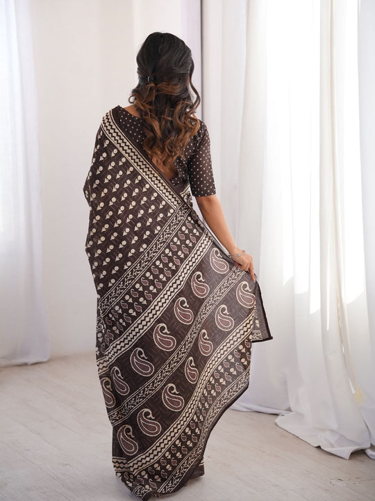 Soft Pure Cotton Hand Bagru Print Sarees With Blouse Pice