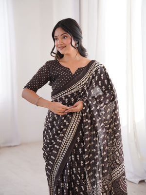 Soft Pure Cotton Hand Bagru Print Sarees With Blouse Pice
