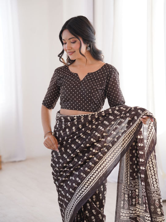 Soft Pure Cotton Hand Bagru Print Sarees With Blouse Pice