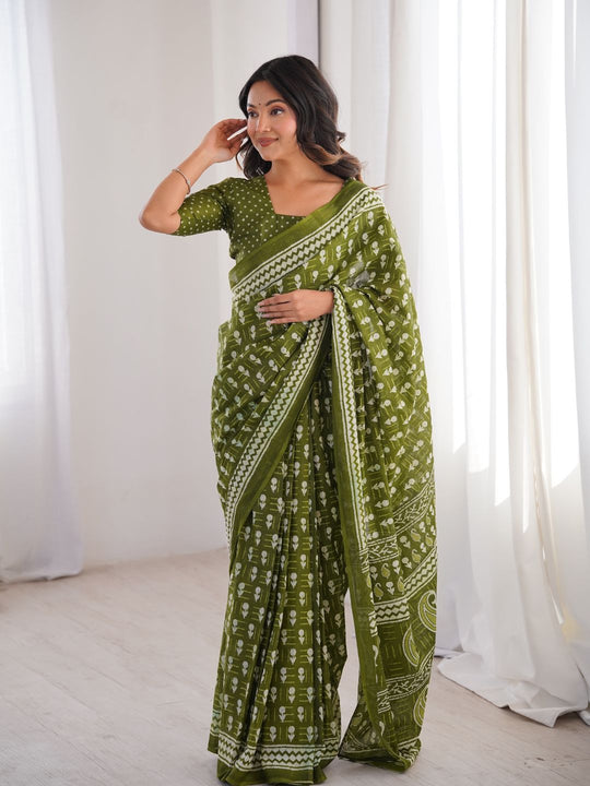 Soft Pure Cotton Hand Bagru Print Sarees With Blouse Pice