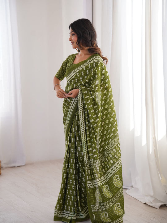 Soft Pure Cotton Hand Bagru Print Sarees With Blouse Pice
