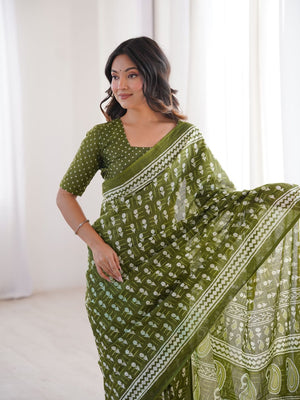 Soft Pure Cotton Hand Bagru Print Sarees With Blouse Pice