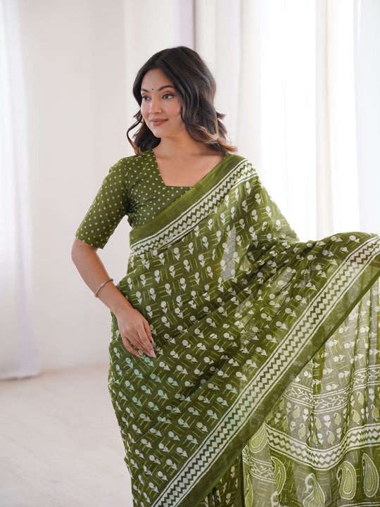 Soft Pure Cotton Hand Bagru Print Sarees With Blouse Pice