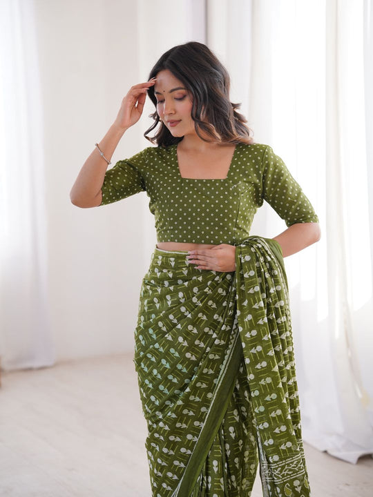 Soft Pure Cotton Hand Bagru Print Sarees With Blouse Pice